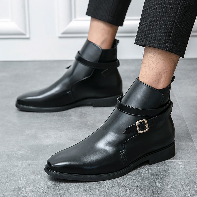 Men'S High-Top Leather Shoes British Martin Boots Pointed Toe Heightening Youth Middle-Top Leather Boots Fashionable Korean Casual Shoes - Image 3